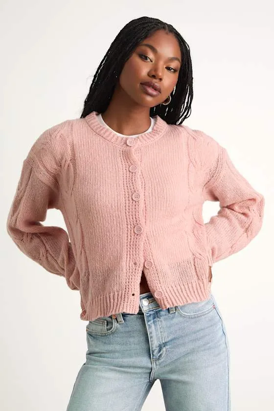 Carmina Pink Cable Knit Button-Up Cardigan sold by Lulus