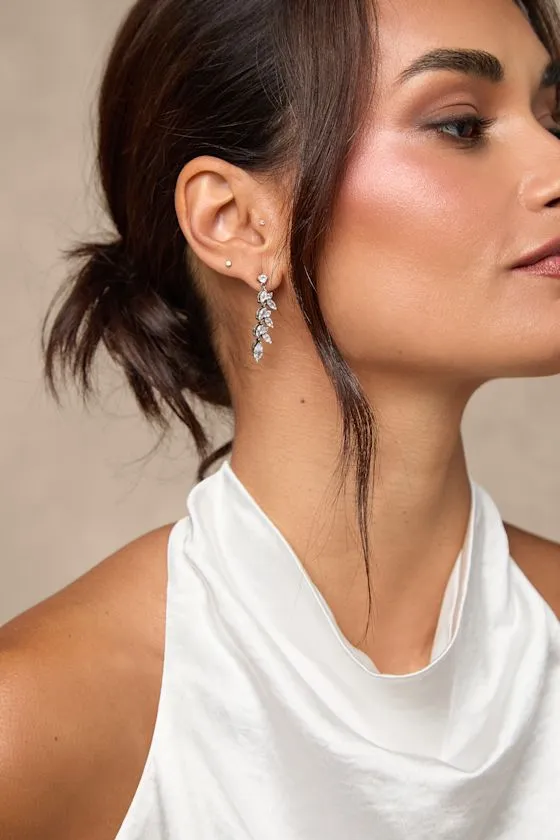 Bristol Silver Rhinestone Leaf Drop Earrings sold by Lulus