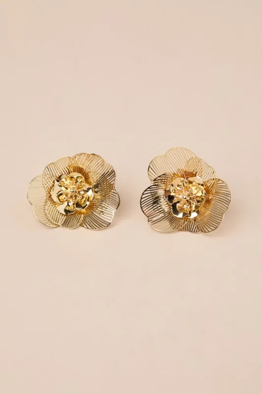 Blossoming Vision Gold Statement Flower Earrings sold by Lulus
