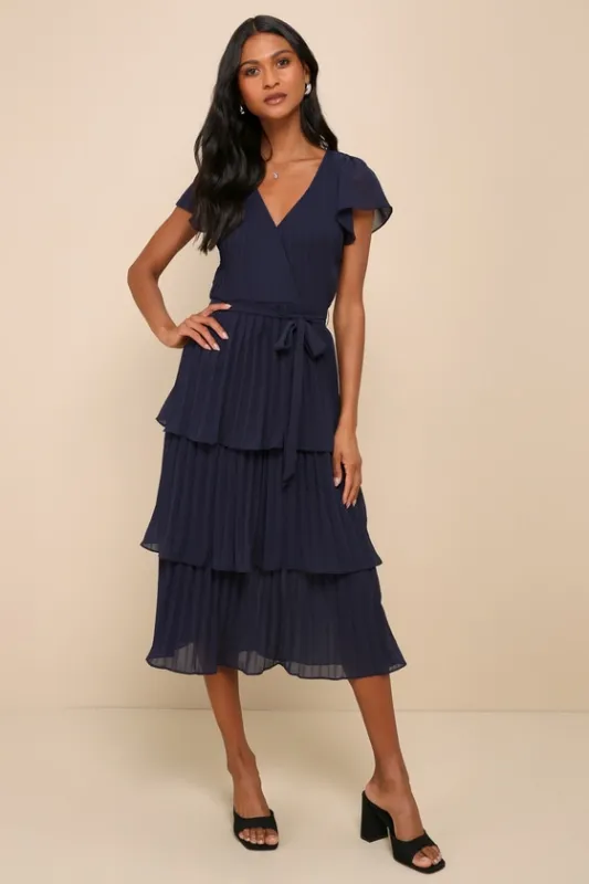 Passionate Dedication Navy Blue Pleated Tiered Midi Dress sold by Lulus