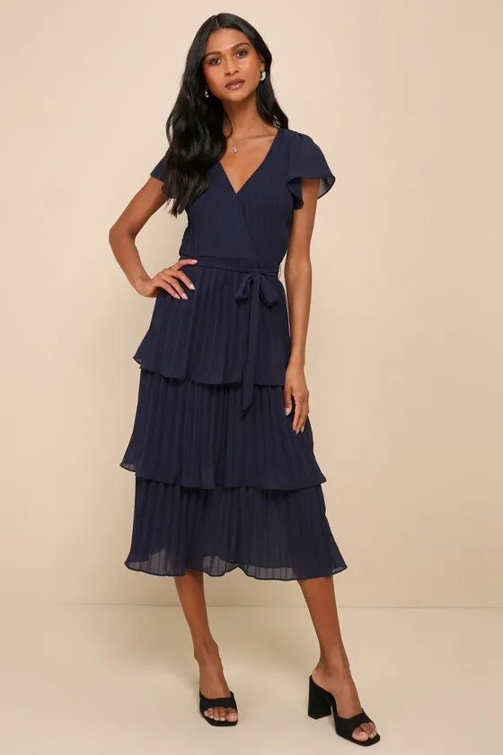 Passionate Dedication Navy Blue Pleated Tiered Midi Dress sold by Lulus