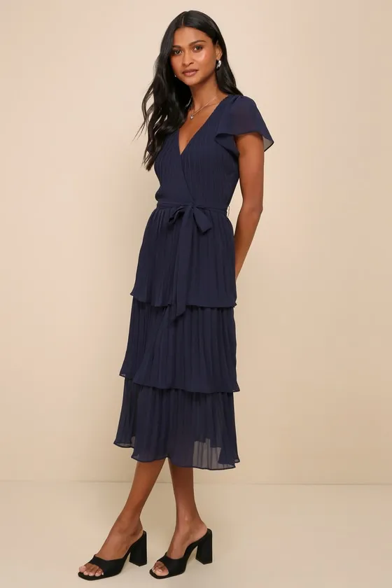 Passionate Dedication Navy Blue Pleated Tiered Midi Dress sold by Lulus product image thumbnail 3