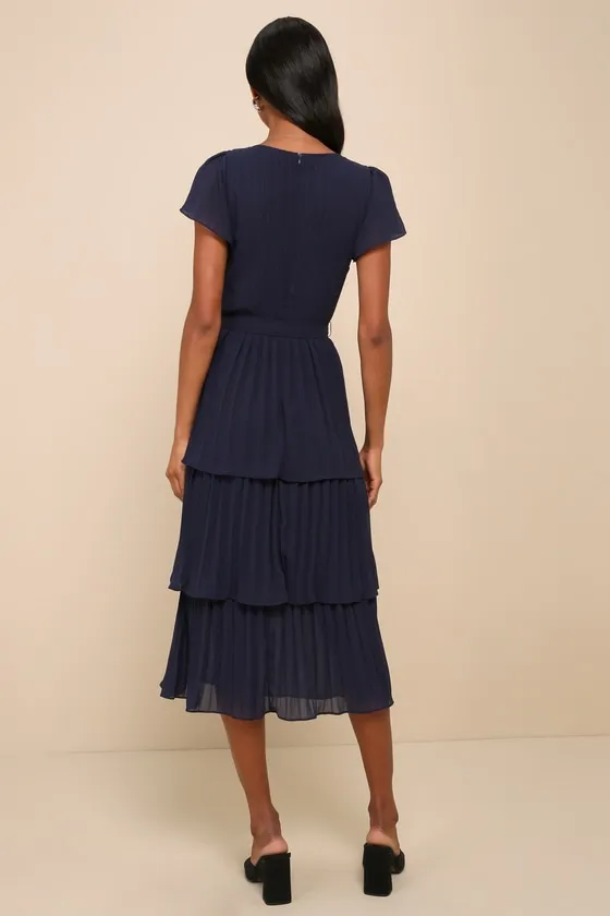 Passionate Dedication Navy Blue Pleated Tiered Midi Dress sold by Lulus product image thumbnail 4