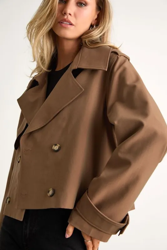 Donley Light Brown Double-Breasted Cropped Trench Coat sold by Lulus