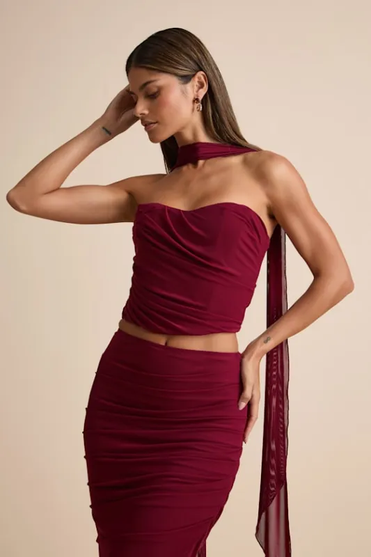 Elvena Wine Red Mesh Ruched Strapless Two-Piece Maxi Dress sold by Lulus