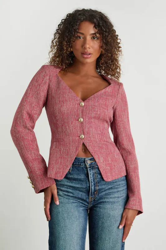 Vadima Berry Pink Tweed Button-Front Blazer sold by Lulus