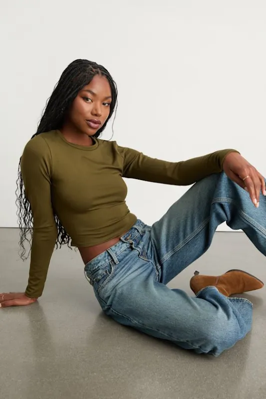 Begin with the Basics Olive Green Long Sleeve Crop Top sold by Lulus