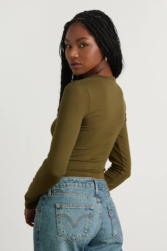 Begin with the Basics Olive Green Long Sleeve Crop Top sold by Lulus product image thumbnail 3