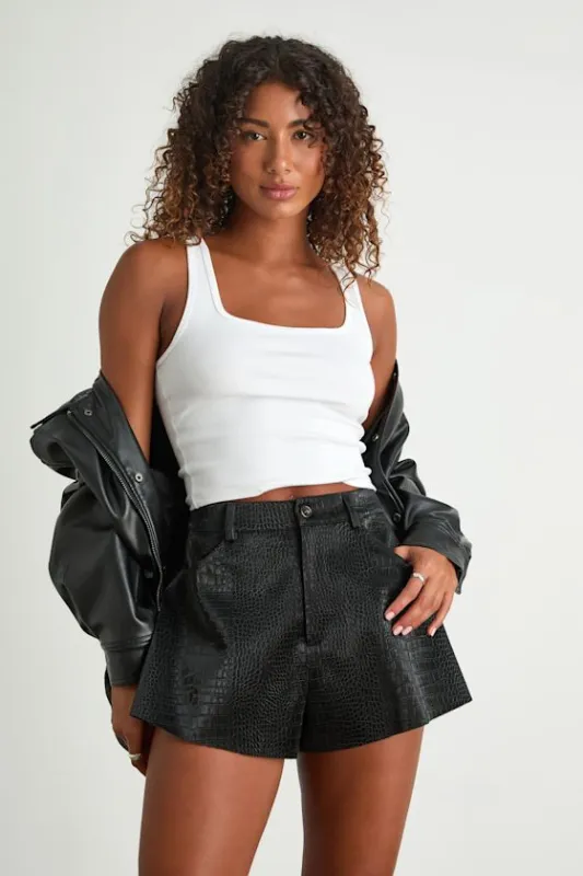 Yvaine Black Vegan Leather Crocodile-Embossed Shorts sold by Lulus