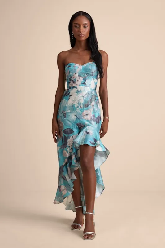 Blushing Darling Turquoise Floral Strapless High-Low Maxi Dress sold by Lulus