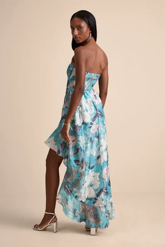 Blushing Darling Turquoise Floral Strapless High-Low Maxi Dress sold by Lulus product image thumbnail 3