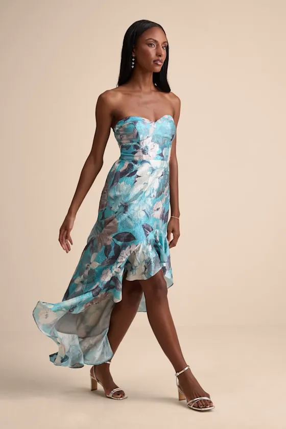 Blushing Darling Turquoise Floral Strapless High-Low Maxi Dress sold by Lulus product image thumbnail 4