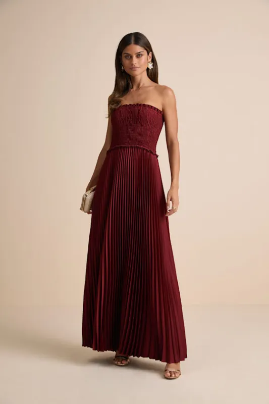 Damira Rust Satin Pleated Strapless Maxi Dress sold by Lulus