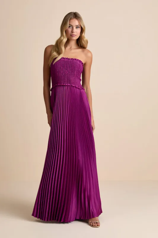 Damira Magenta Satin Pleated Strapless Maxi Dress sold by Lulus