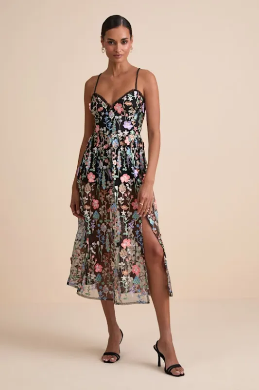 Mahryn Black 3D Floral Embroidered Midi Bodysuit Dress sold by Lulus