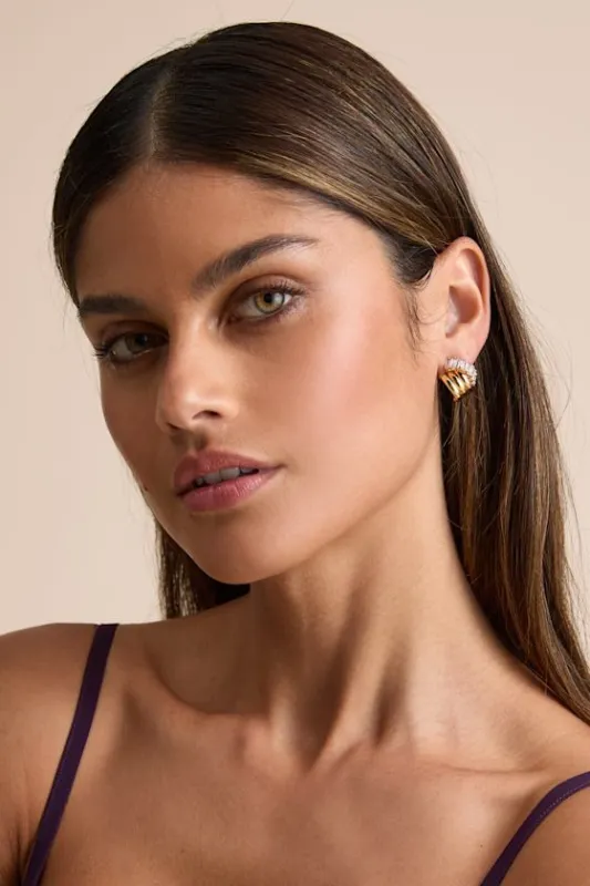 Teele Gold Rhinestone Layered Hoop Earrings sold by Lulus