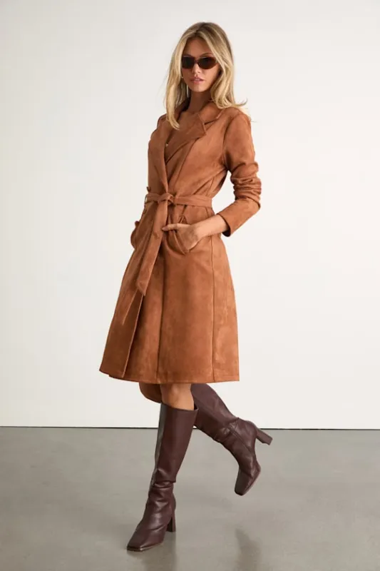 Chic Calling Tan Suede Trench Coat sold by Lulus