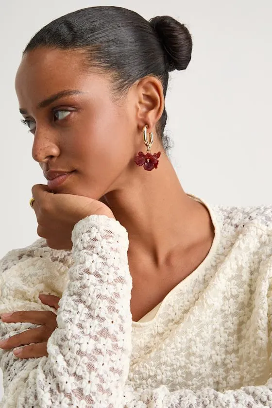 Dorianne Red and Gold Floral Huggie Hoop Earrings sold by Lulus product image thumbnail 3