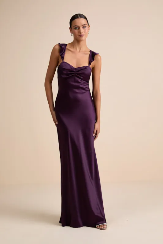 Exuberant Luxury Plum Purple Satin Ruffled Lace-Up Maxi Dress sold by Lulus