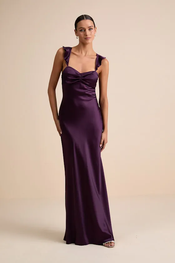 Exuberant Luxury Plum Purple Satin Ruffled Lace-Up Maxi Dress sold by Lulus