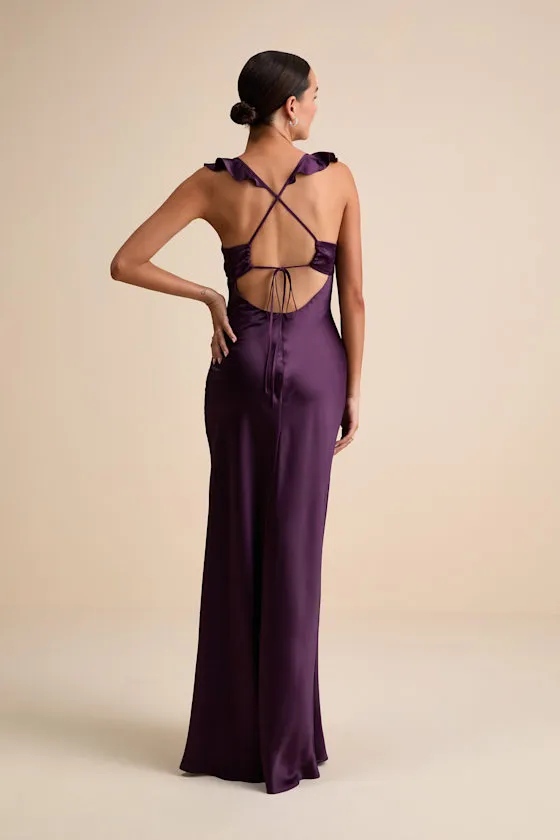 Exuberant Luxury Plum Purple Satin Ruffled Lace-Up Maxi Dress sold by Lulus product image thumbnail 3