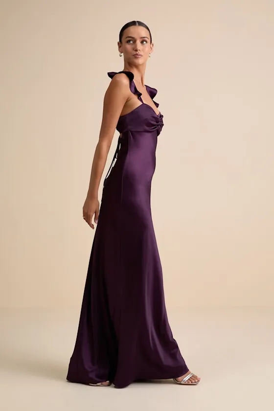 Exuberant Luxury Plum Purple Satin Ruffled Lace-Up Maxi Dress sold by Lulus product image thumbnail 4