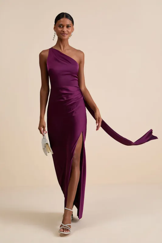 Signature Elegance Plum Purple Satin One-Shoulder Maxi Dress sold by Lulus