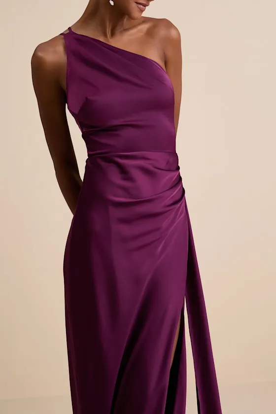 Signature Elegance Plum Purple Satin One-Shoulder Maxi Dress sold by Lulus product image thumbnail 2