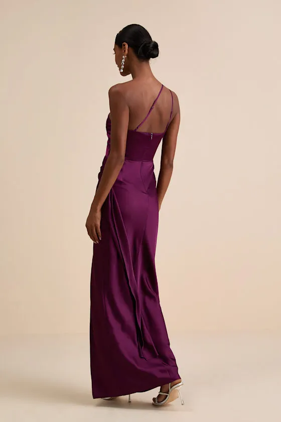 Signature Elegance Plum Purple Satin One-Shoulder Maxi Dress sold by Lulus product image thumbnail 3