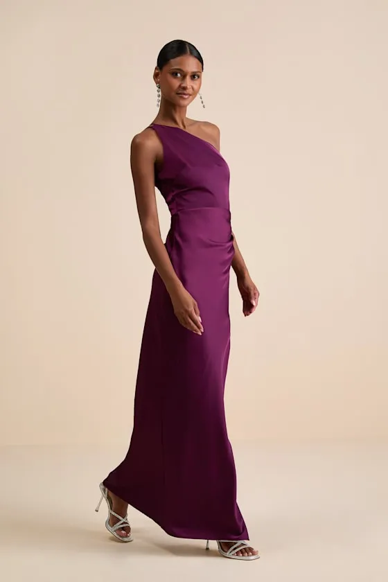 Signature Elegance Plum Purple Satin One-Shoulder Maxi Dress sold by Lulus product image thumbnail 4