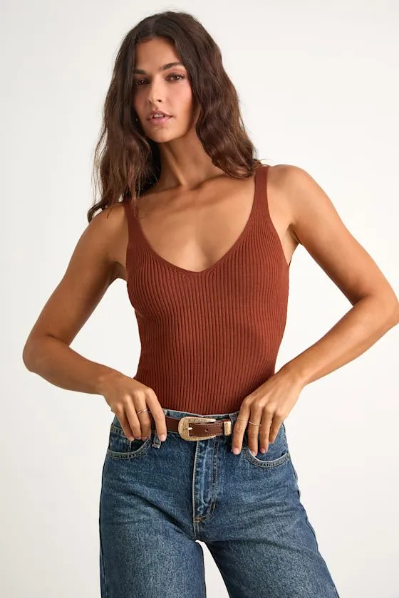Emberlin Rust Brown Ribbed Low-Back Sleeveless Bodysuit sold by Lulus