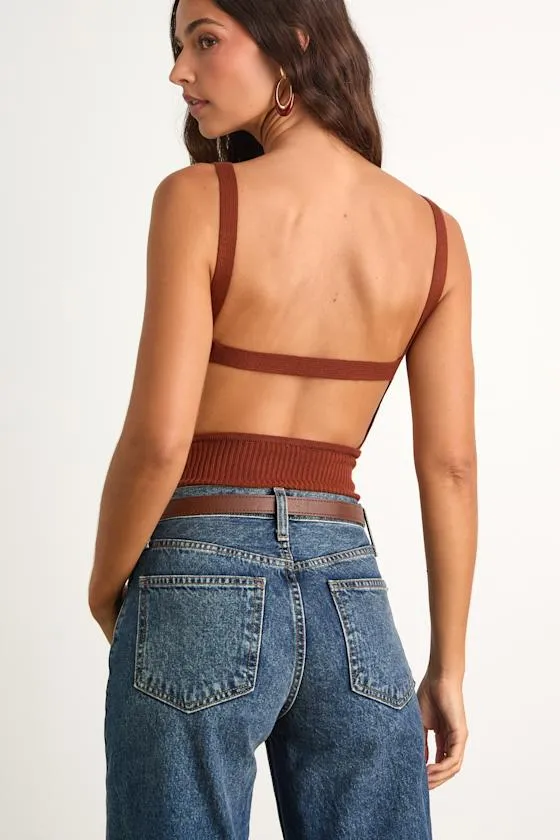 Emberlin Rust Brown Ribbed Low-Back Sleeveless Bodysuit sold by Lulus product image thumbnail 2