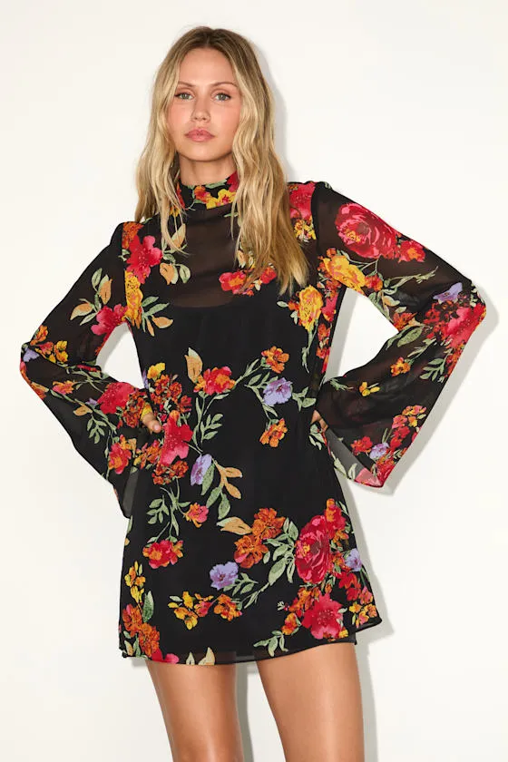 Perfected Charm Black Multi Floral Bell Sleeve Mini Shift Dress sold by Lulus product image thumbnail 2
