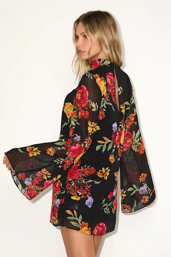 Perfected Charm Black Multi Floral Bell Sleeve Mini Shift Dress sold by Lulus product image thumbnail 3