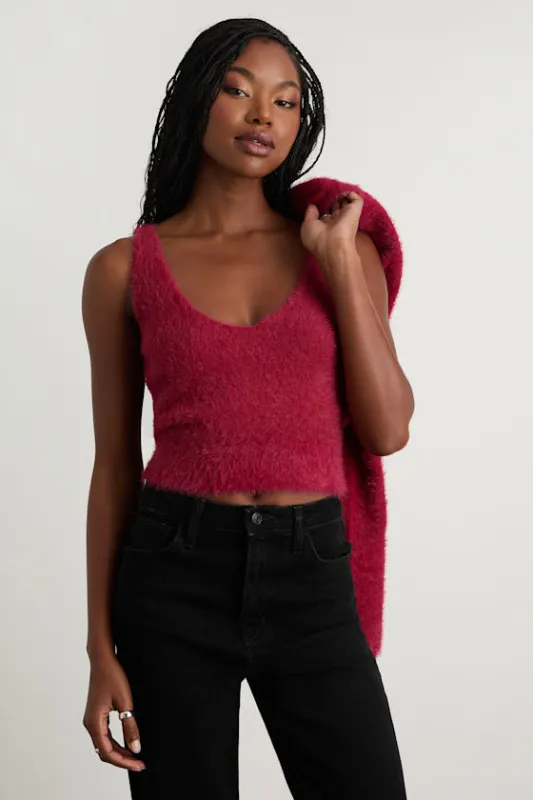 Mekea Berry Red Eyelash Knit Tank Top and Cropped Cardigan Set sold by Lulus