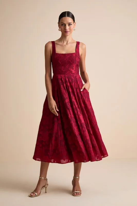 Loira Burgundy Burnout Jacquard Lace-Up Midi Dress sold by Lulus