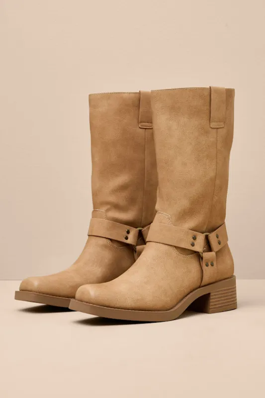 Autumn Natural Distressed Knee-High Moto Boots sold by Lulus