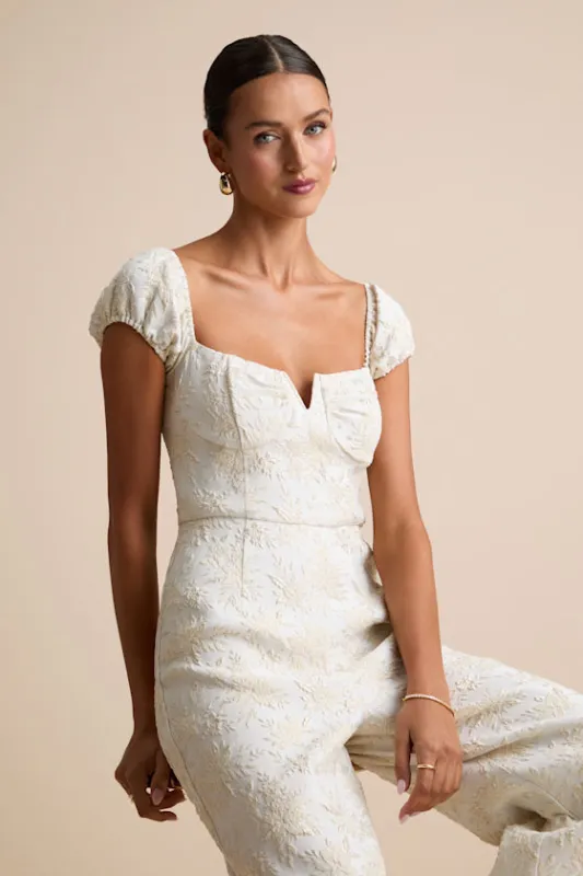 New Glam Cream Floral Jacquard Bustier Off-the-Shoulder Jumpsuit sold by Lulus