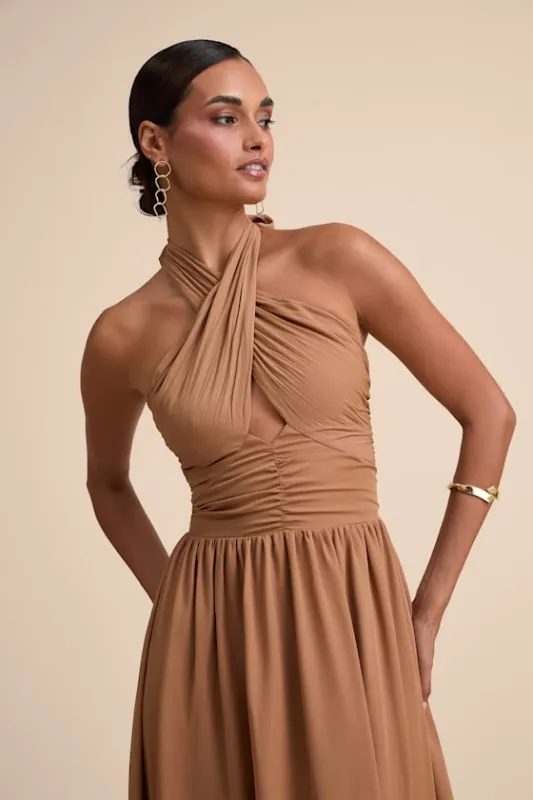 Emrah Tan Cross-Front Cutout Halter Midi Dress sold by Lulus