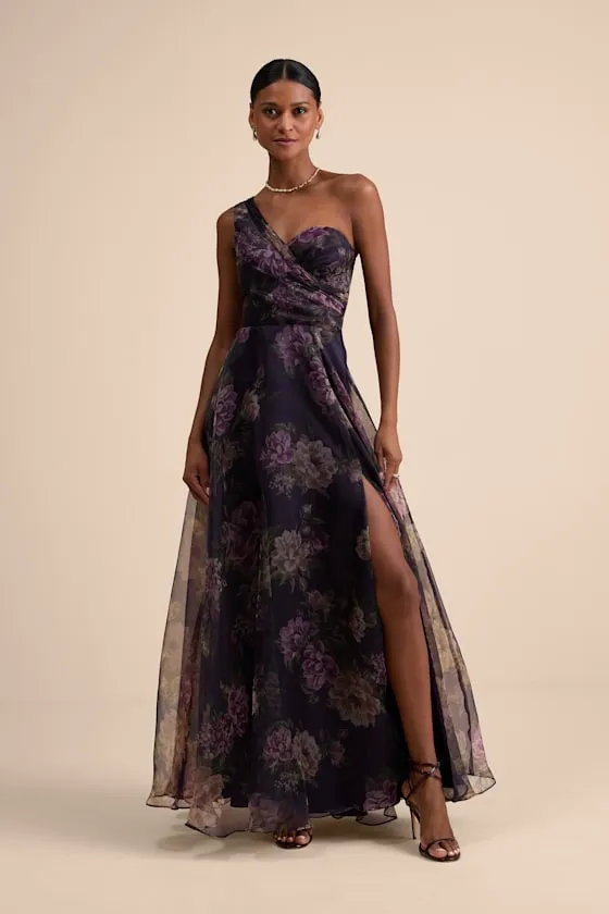 Truly Extraordinary Plum Floral Organza One-Shoulder Maxi Dress sold by Lulus