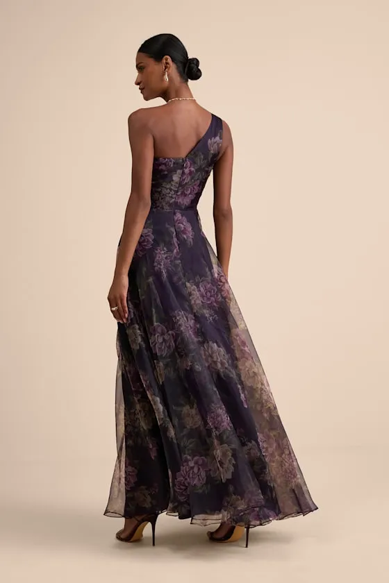 Truly Extraordinary Plum Floral Organza One-Shoulder Maxi Dress sold by Lulus product image thumbnail 3