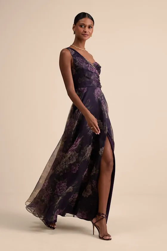 Truly Extraordinary Plum Floral Organza One-Shoulder Maxi Dress sold by Lulus product image thumbnail 4