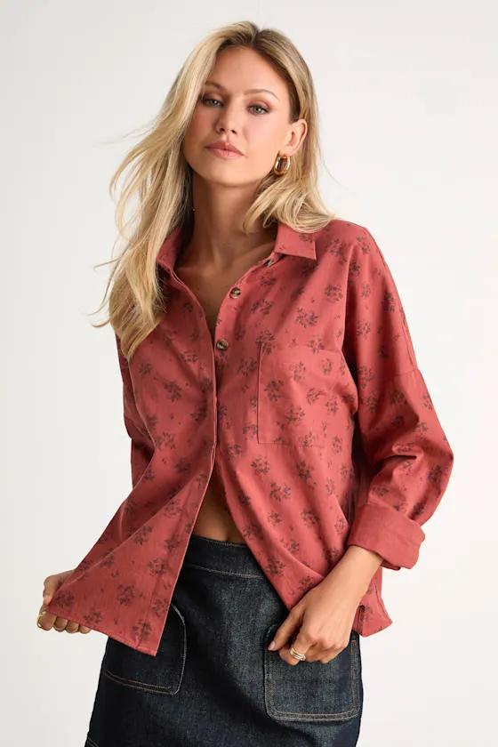 Amelia Dawn Red Floral Striped Long Sleeve Button-Up Top sold by Lulus product image thumbnail 2