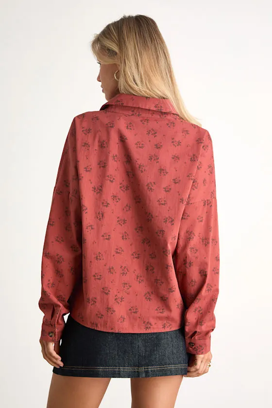 Amelia Dawn Red Floral Striped Long Sleeve Button-Up Top sold by Lulus product image thumbnail 3