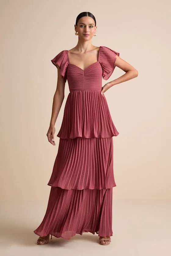 Notorious Charm Rusty Rose Pleated Flutter Sleeve Maxi Dress sold by Lulus