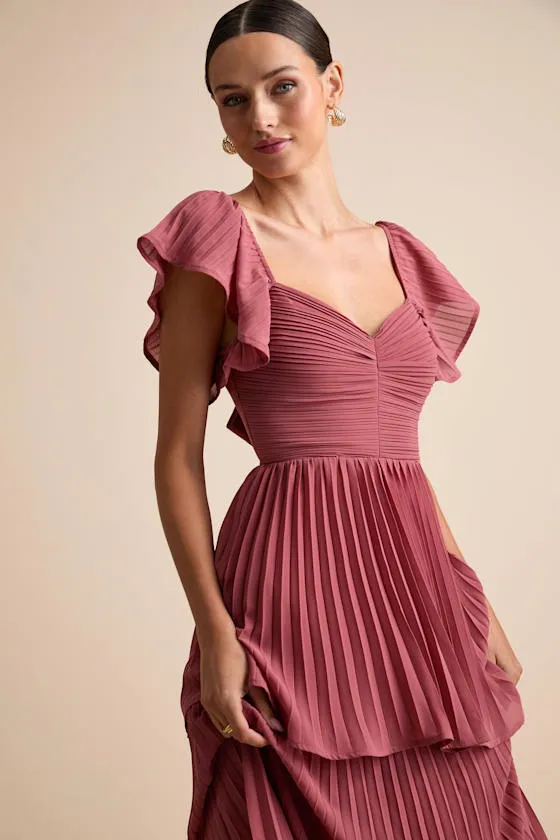 Notorious Charm Rusty Rose Pleated Flutter Sleeve Maxi Dress sold by Lulus product image thumbnail 2