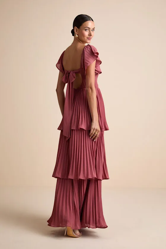 Notorious Charm Rusty Rose Pleated Flutter Sleeve Maxi Dress sold by Lulus product image thumbnail 3