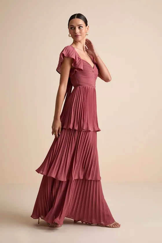 Notorious Charm Rusty Rose Pleated Flutter Sleeve Maxi Dress sold by Lulus product image thumbnail 4