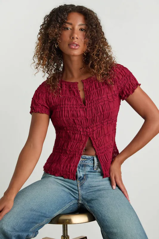 Tatiana Wine Red Sheer Textured Button-Front Top sold by Lulus