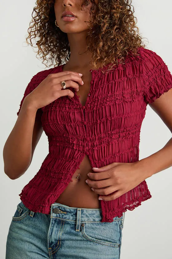 Tatiana Wine Red Sheer Textured Button-Front Top sold by Lulus product image thumbnail 4